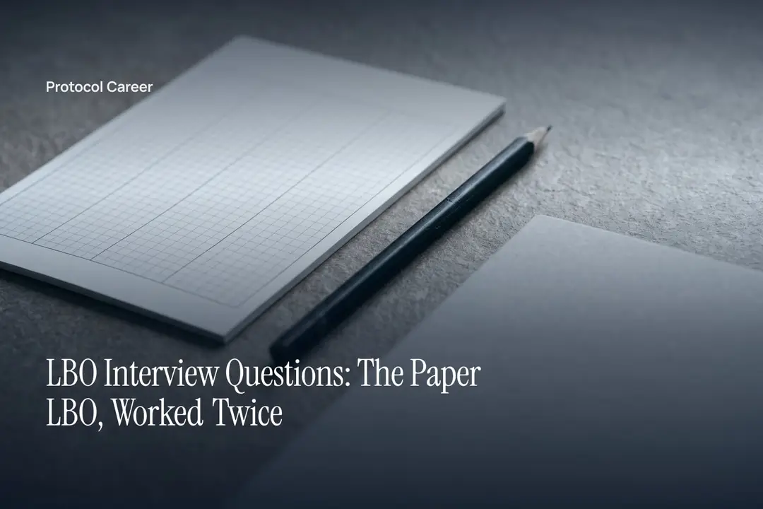 A blank grid paper and dark pencil arranged on a grey stone surface in soft directional light. Title: “LBO Interview Questions: The Paper LBO, Worked Twice”, over the Protocol Career wordmark.