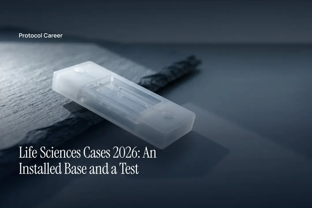 A sleek white diagnostic test cartridge sits on a matte gray surface in soft side lighting. Title: “Life Sciences Cases 2026: An Installed Base and a Test”, over the Protocol Career wordmark.
