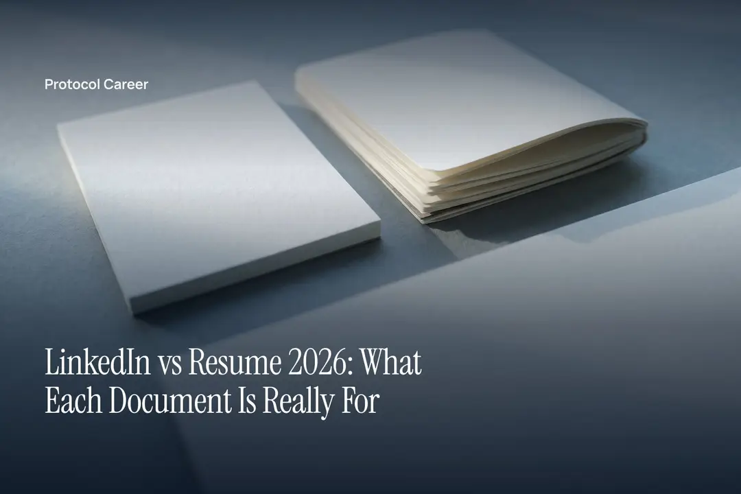 Two minimalist blank paper documents lie on a neutral surface under soft directional light. Title: “LinkedIn vs Resume 2026: What Each Document Is Really For”, over the Protocol Career wordmark.