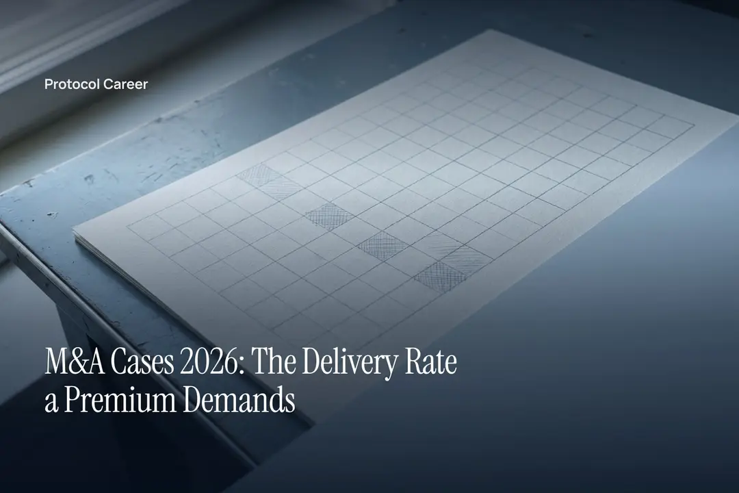 A blank printed ledger grid on heavy textured paper resting on a neutral slate-grey surface. Title: “M&A Cases 2026: The Delivery Rate a Premium Demands”, over the Protocol Career wordmark.
