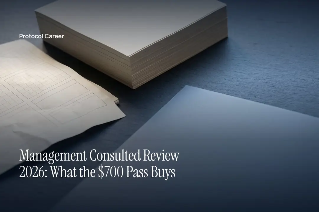 A heavy stack of blank paper and an unwritten grid sheet rest on a dark grey surface. Title: “Management Consulted Review 2026: What the $700 Pass Buys”, over the Protocol Career wordmark.