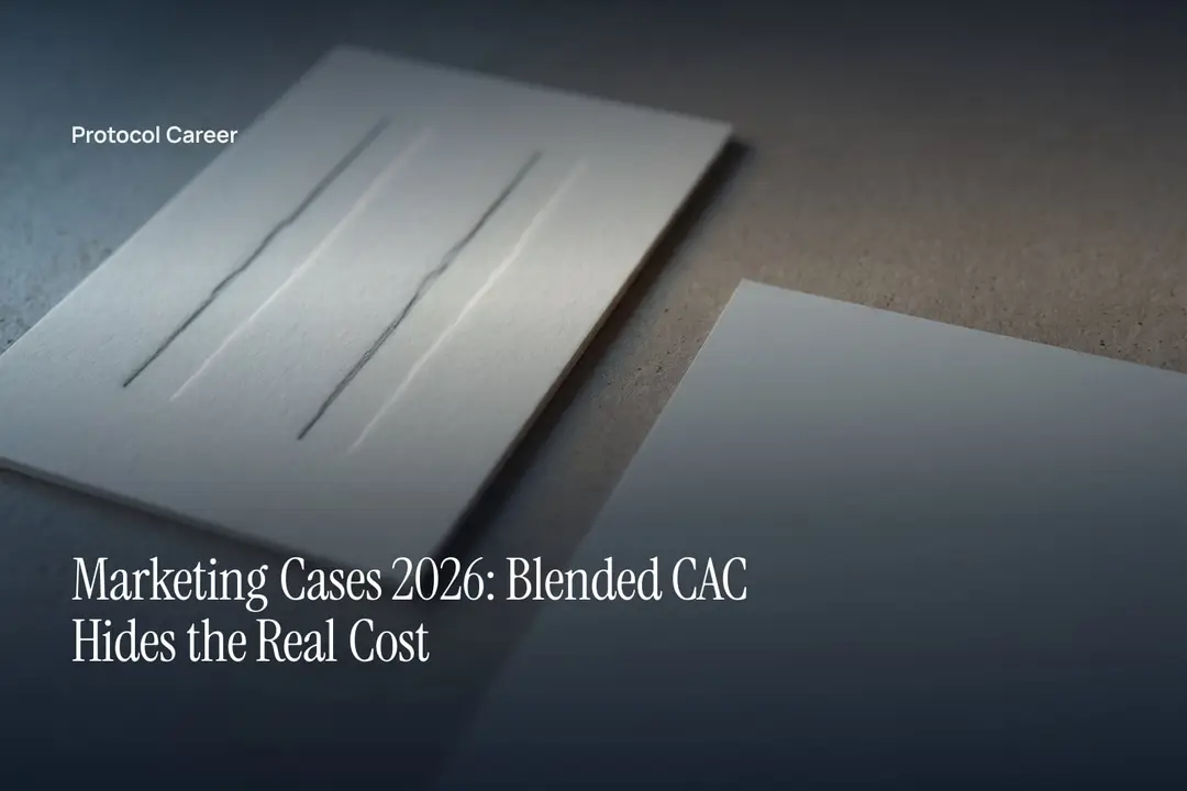 An off-white heavy card with blank debossed grid columns lit softly on a grey tabletop. Title: “Marketing Cases 2026: Blended CAC Hides the Real Cost”, over the Protocol Career wordmark.