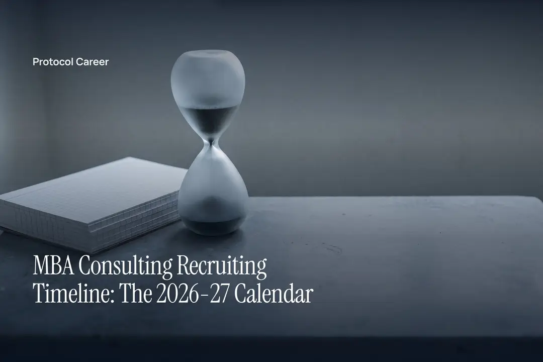 A frosted glass hourglass sits next to a stack of blank gridded cards on a dark slate surface. Title: “MBA Consulting Recruiting Timeline: The 2026-27 Calendar”, over the Protocol Career wordmark.