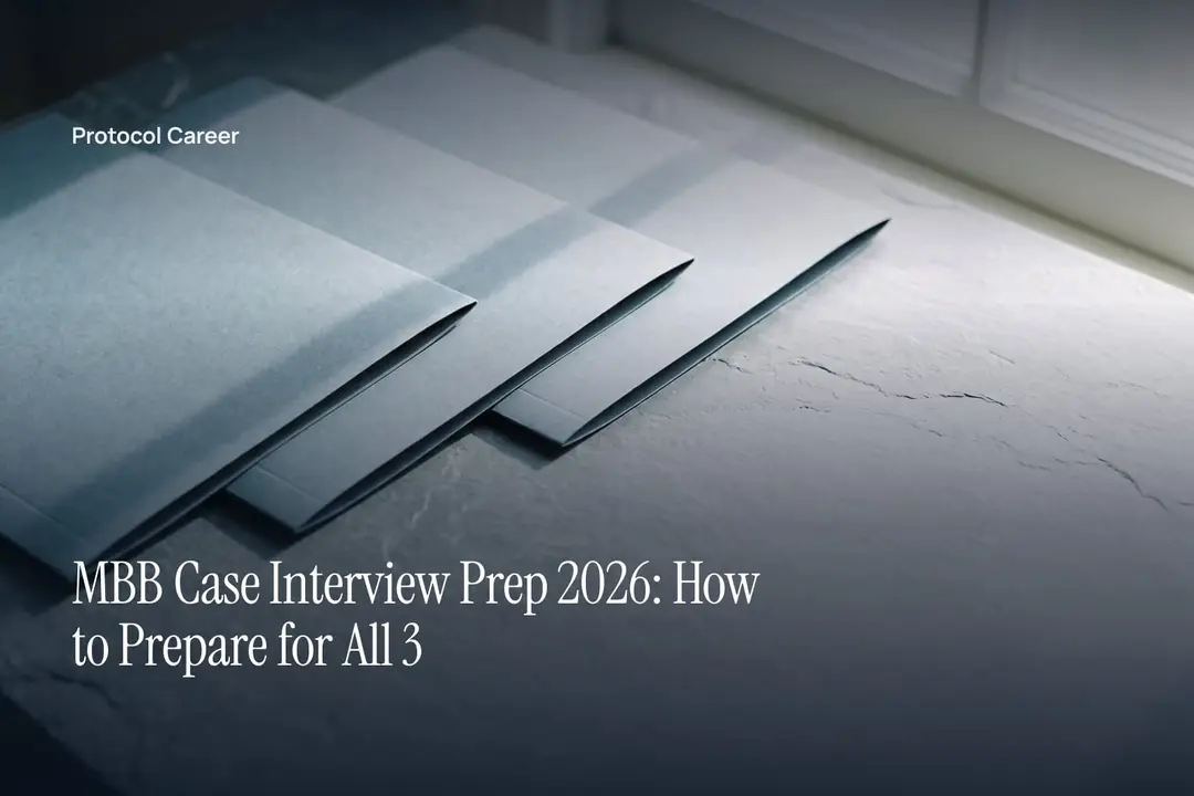 Three plain cardstock folders neatly staggered on a neutral stone surface in soft directional light. Title: “MBB Case Interview Prep 2026: How to Prepare for All 3”, over the Protocol Career wordmark.