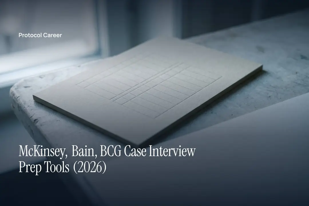 A heavy cardstock sheet with a debossed blank grid pattern lies on a neutral stone desk. Title: “McKinsey, Bain, BCG Case Interview Prep Tools (2026)”, over the Protocol Career wordmark.