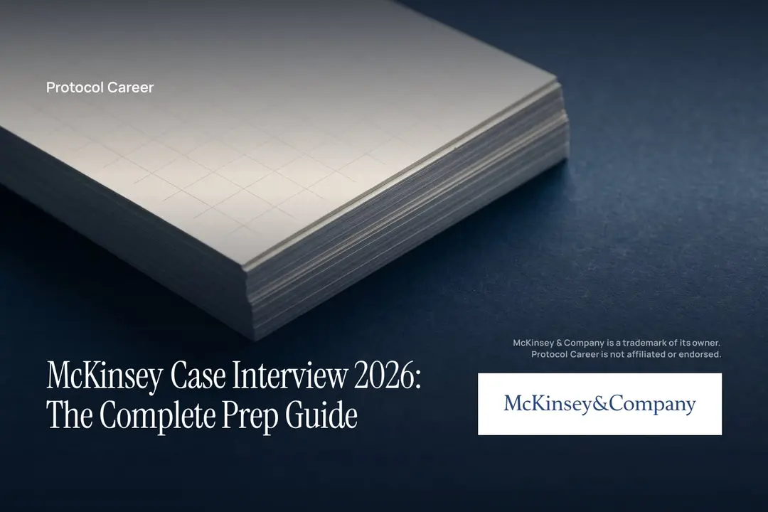 A neat stack of blank grid-debossed paper sits on a deep navy surface under soft light. Title: “McKinsey Case Interview 2026: The Complete Prep Guide”, over the Protocol Career wordmark. McKinsey & Company logo, lower right.