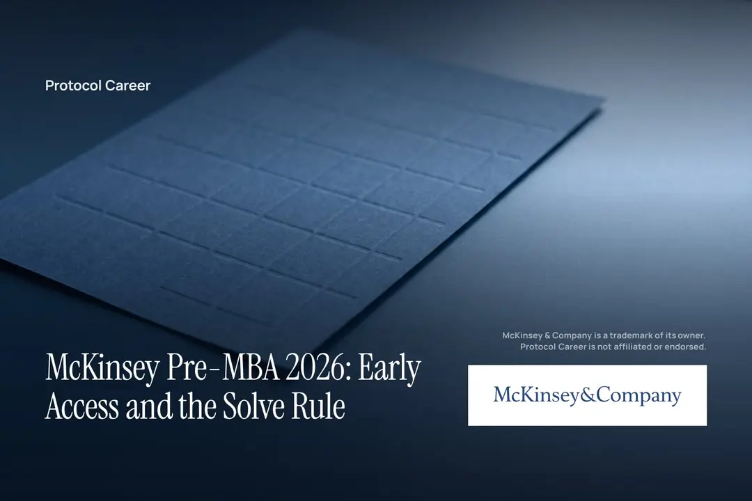 An unprinted debossed grid sheet rests on a dark navy surface under soft directional studio light. Title: “McKinsey Pre-MBA 2026: Early Access and the Solve Rule”, over the Protocol Career wordmark. McKinsey & Company logo, lower right.