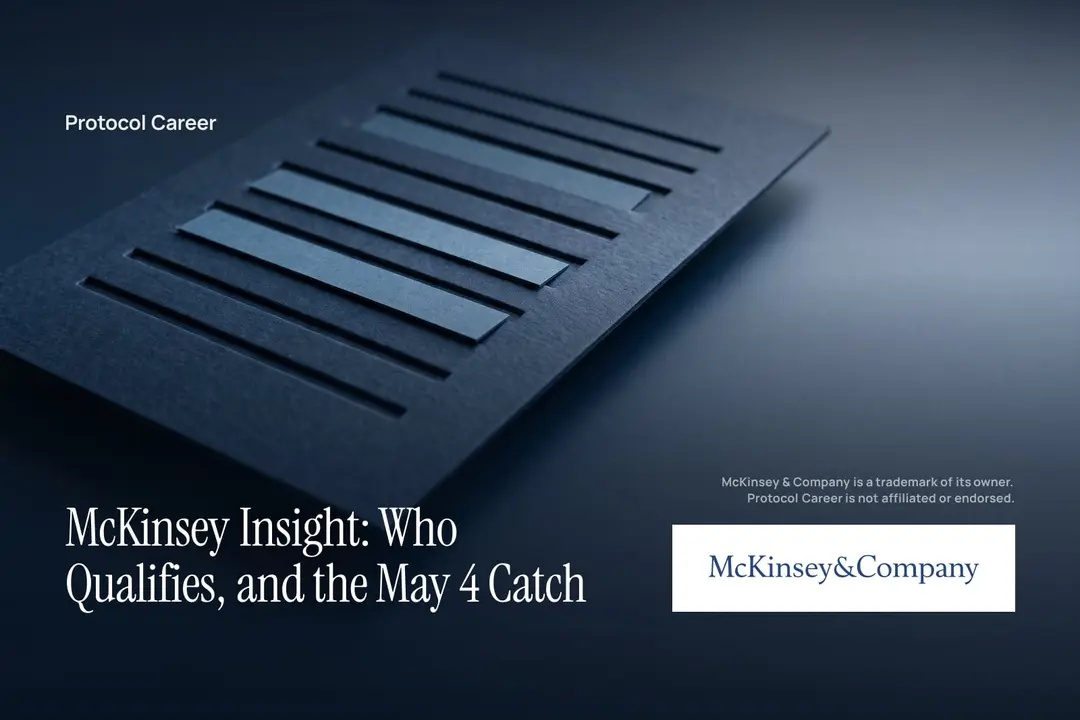 A textured navy card with seven debossed slots, three filled, lit softly on a dark surface. Title: “McKinsey Insight: Who Qualifies, and the May 4 Catch”, over the Protocol Career wordmark. McKinsey & Company logo, lower right.