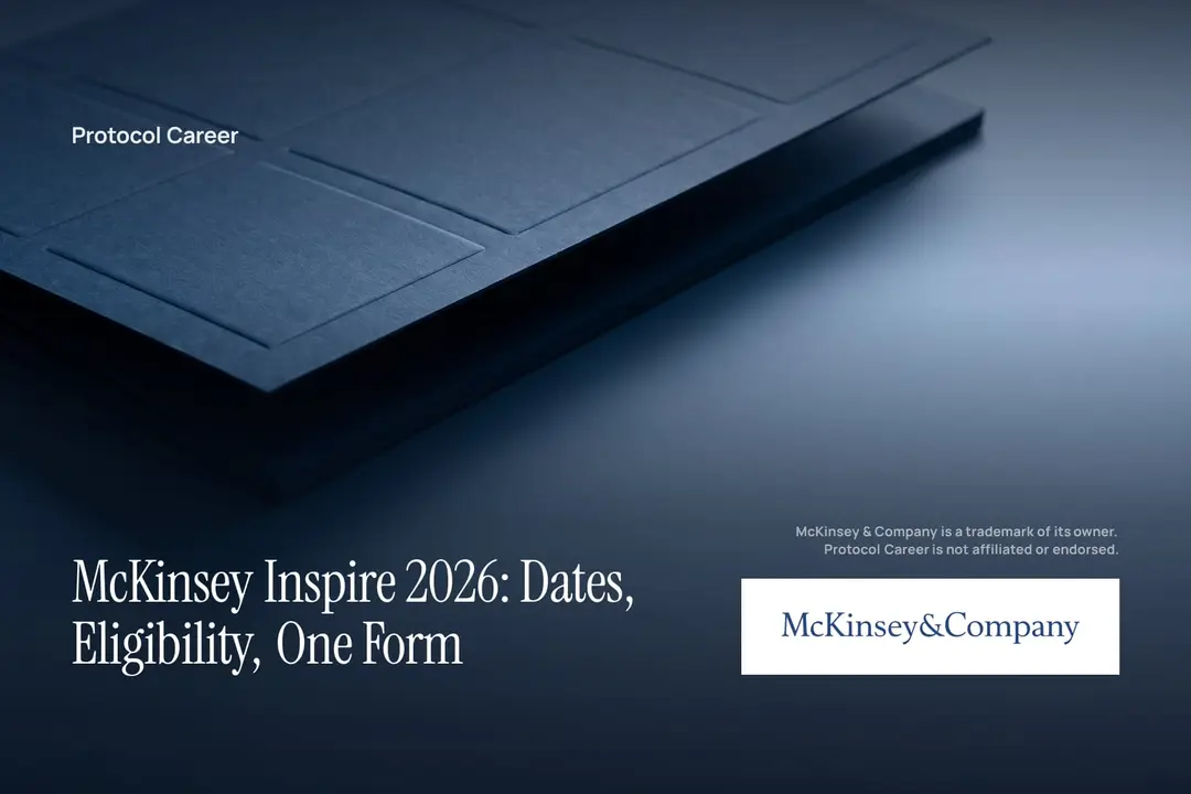 A minimalist folded navy blue document with blank debossed sections rests on a clean, dark surface. Title: “McKinsey Inspire 2026: Dates, Eligibility, One Form”, over the Protocol Career wordmark. McKinsey & Company logo, lower right.