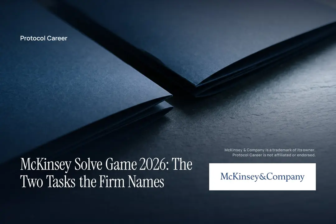 Two unlabeled deep navy paper folders resting on a matching dark surface under soft directional lighting. Title: “McKinsey Solve Game 2026: The Two Tasks the Firm Names”, over the Protocol Career wordmark. McKinsey & Company logo, lower right.
