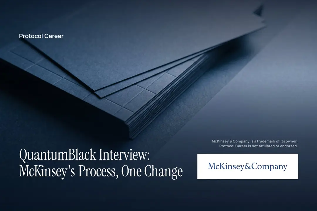 A tidy stack of deep navy cardstock with a blank debossed grid sheet shifted aside on a matching surface. Title: “QuantumBlack Interview: McKinsey's Process, One Change”, over the Protocol Career wordmark. McKinsey & Company logo, lower right.