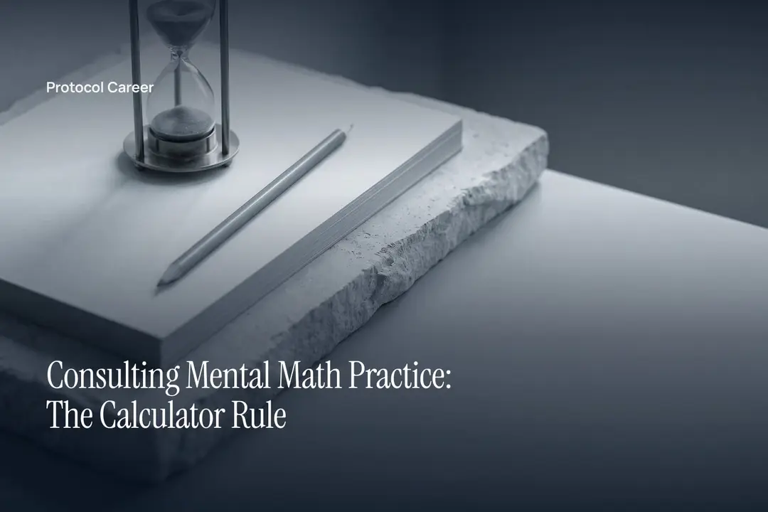 A brass sand timer and graphite pencil rest on blank paper over a pale stone surface. Title: “Consulting Mental Math Practice: The Calculator Rule”, over the Protocol Career wordmark.