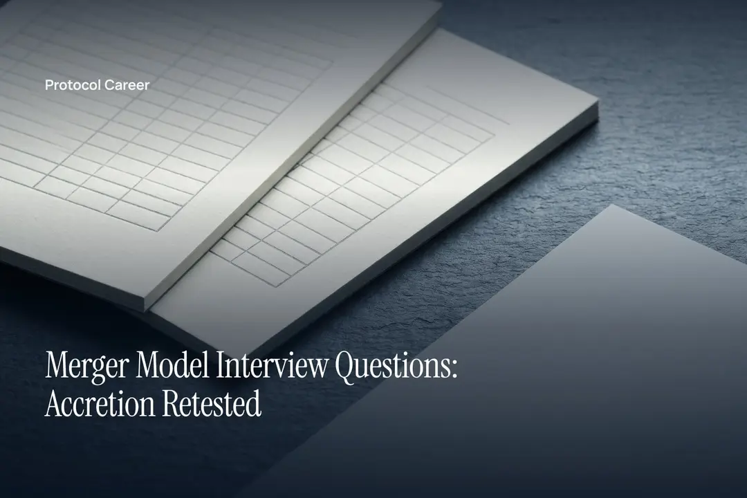 Two cream cardstock sheets with blank debossed grid patterns resting on a dark matte slate surface. Title: “Merger Model Interview Questions: Accretion Retested”, over the Protocol Career wordmark.