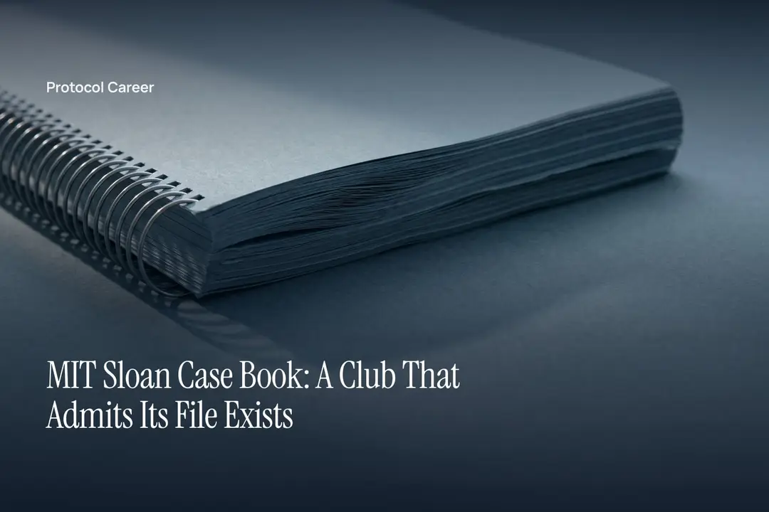 A thick, closed wirebound document with a blank dark cover sits on a muted slate table. Title: “MIT Sloan Case Book: A Club That Admits Its File Exists”, over the Protocol Career wordmark.