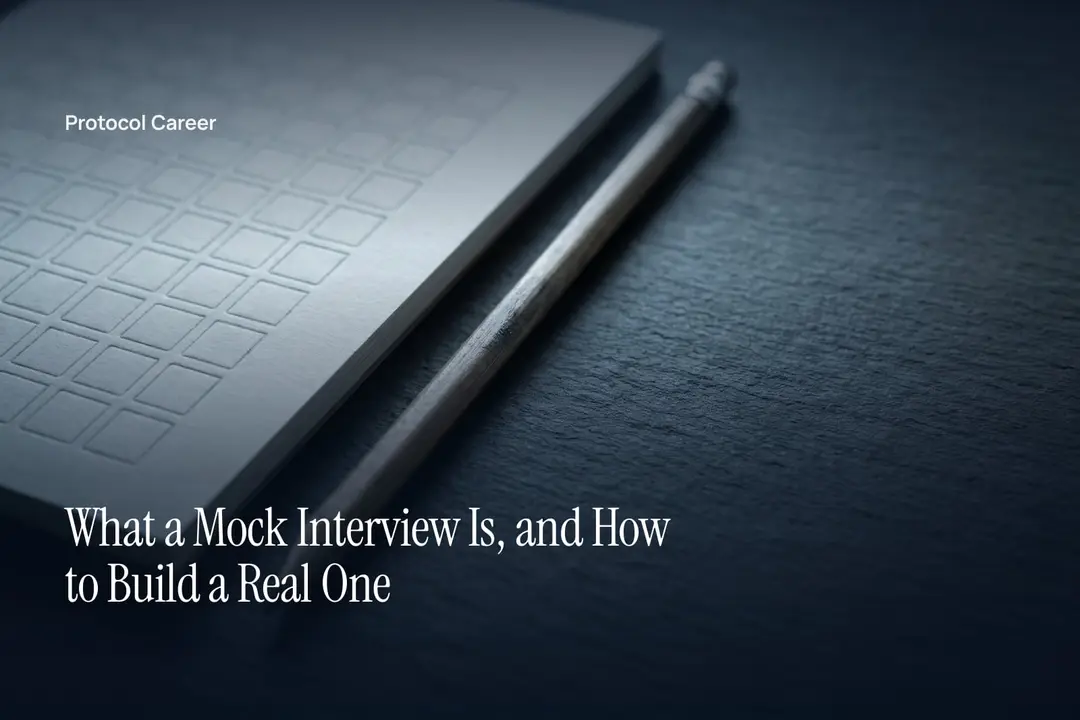 A blank, debossed grid sheet and a single wooden pencil lie on a dark slate surface. Title: “What a Mock Interview Is, and How to Build a Real One”, over the Protocol Career wordmark.