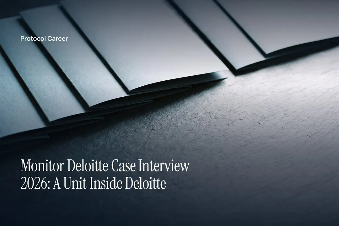 Six unmarked paper folders arranged in a row across a matte slate surface in soft light. Title: “Monitor Deloitte Case Interview 2026: A Unit Inside Deloitte”, over the Protocol Career wordmark.