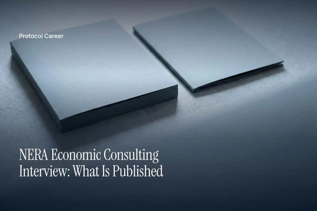 Two plain, unprinted matte cardstock folders lie neatly on a pale gray surface under soft side lighting. Title: “NERA Economic Consulting Interview: What Is Published”, over the Protocol Career wordmark.