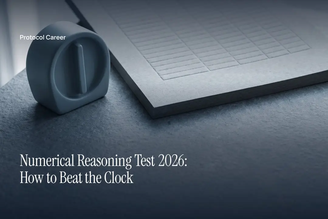 A minimalist unnumbered grey desk timer sits beside blank embossed grid paper on a slate surface. Title: “Numerical Reasoning Test 2026: How to Beat the Clock”, over the Protocol Career wordmark.