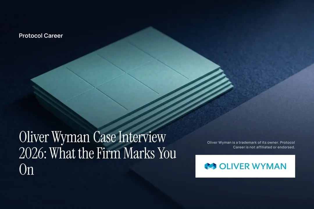 Stacked dark teal cardstock sheets with debossed blank grid patterns resting on a smooth navy surface. Title: “Oliver Wyman Case Interview 2026: What the Firm Marks You On”, over the Protocol Career wordmark. Oliver Wyman logo, lower right.