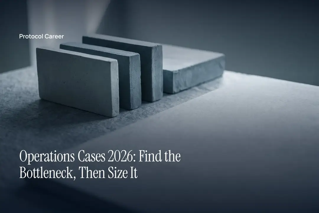 Three solid ceramic blocks of varying thicknesses lined up on an empty stone surface. Title: “Operations Cases 2026: Find the Bottleneck, Then Size It”, over the Protocol Career wordmark.