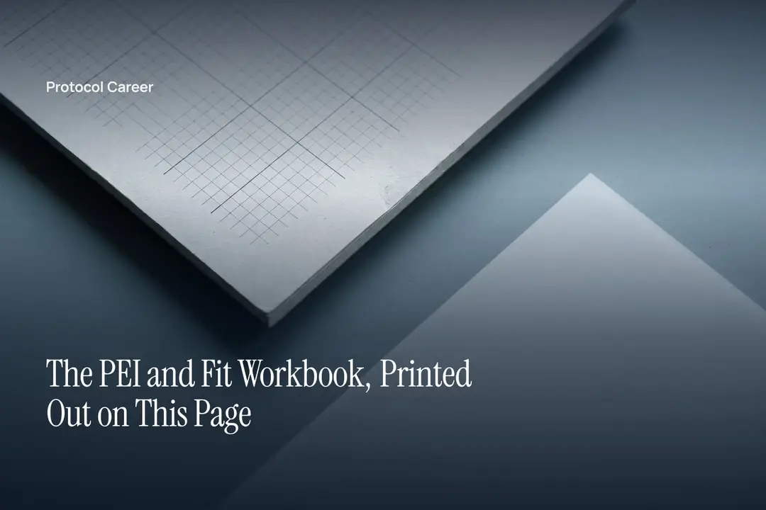 A blank grid printed on off-white paper rests on a smooth slate surface in soft light. Title: “The PEI and Fit Workbook, Printed Out on This Page”, over the Protocol Career wordmark.