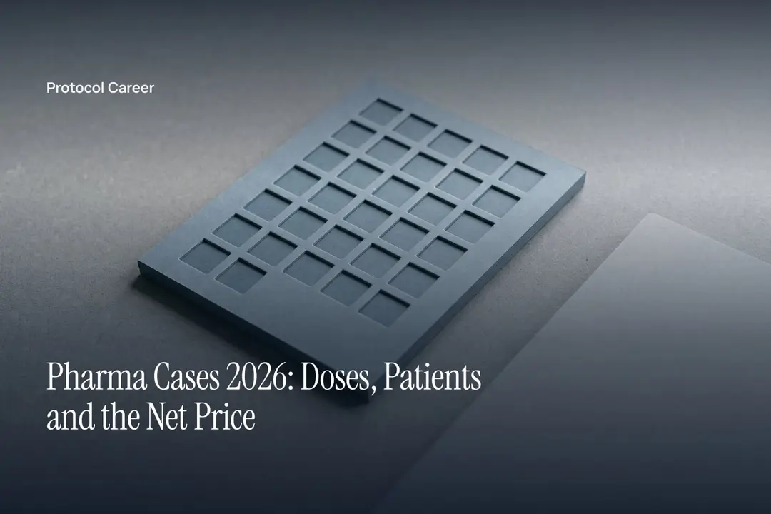 A minimalist matte card with twenty-six debossed grid cells resting on a neutral stone tabletop. Title: “Pharma Cases 2026: Doses, Patients and the Net Price”, over the Protocol Career wordmark.