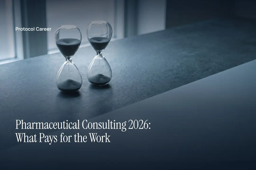Two simple glass hourglass timers sit on a dark matte surface in soft directional light. Title: “Pharmaceutical Consulting 2026: What Pays for the Work”, over the Protocol Career wordmark.