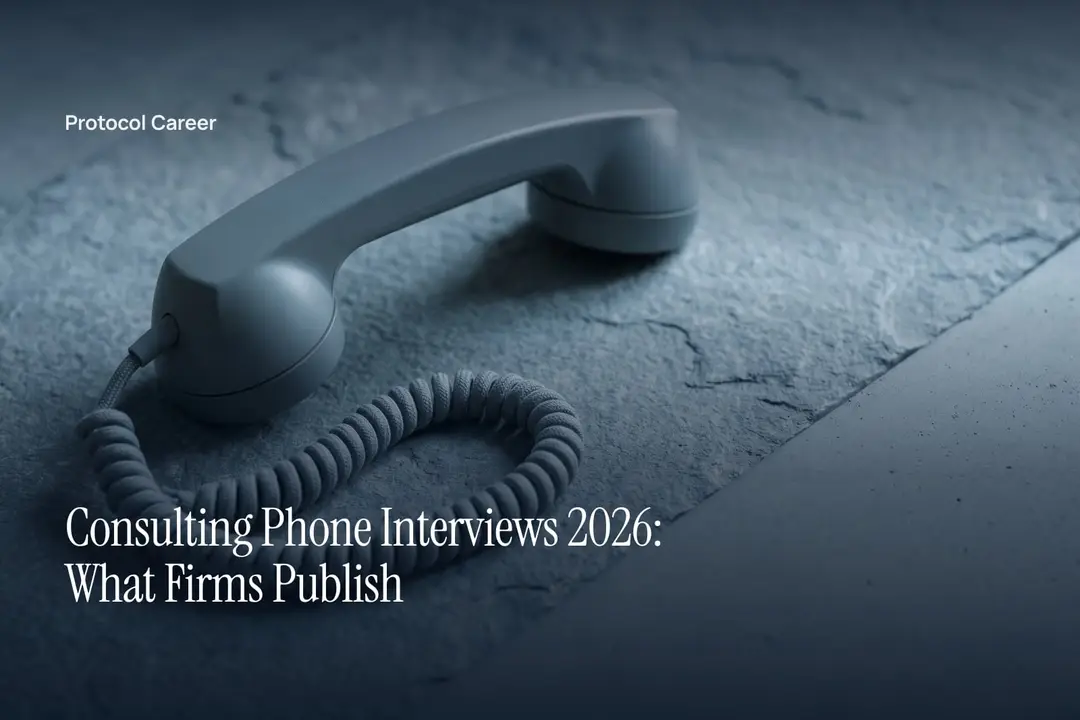 A minimalist matte telephone handset with a coiled cord lies on a neutral surface under soft directional light. Title: “Consulting Phone Interviews 2026: What Firms Publish”, over the Protocol Career wordmark.