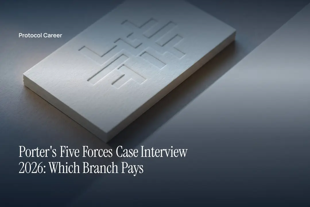 A heavy paper card with embossed branching boxes rests on a smooth grey surface in soft light. Title: “Porter's Five Forces Case Interview 2026: Which Branch Pays”, over the Protocol Career wordmark.