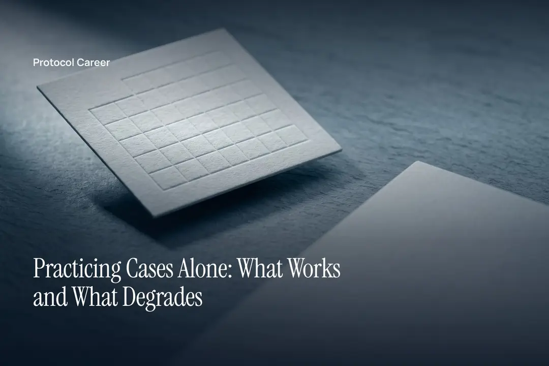 A minimalist off-white card featuring a debossed blank grid on a plain slate surface. Title: “Practicing Cases Alone: What Works and What Degrades”, over the Protocol Career wordmark.