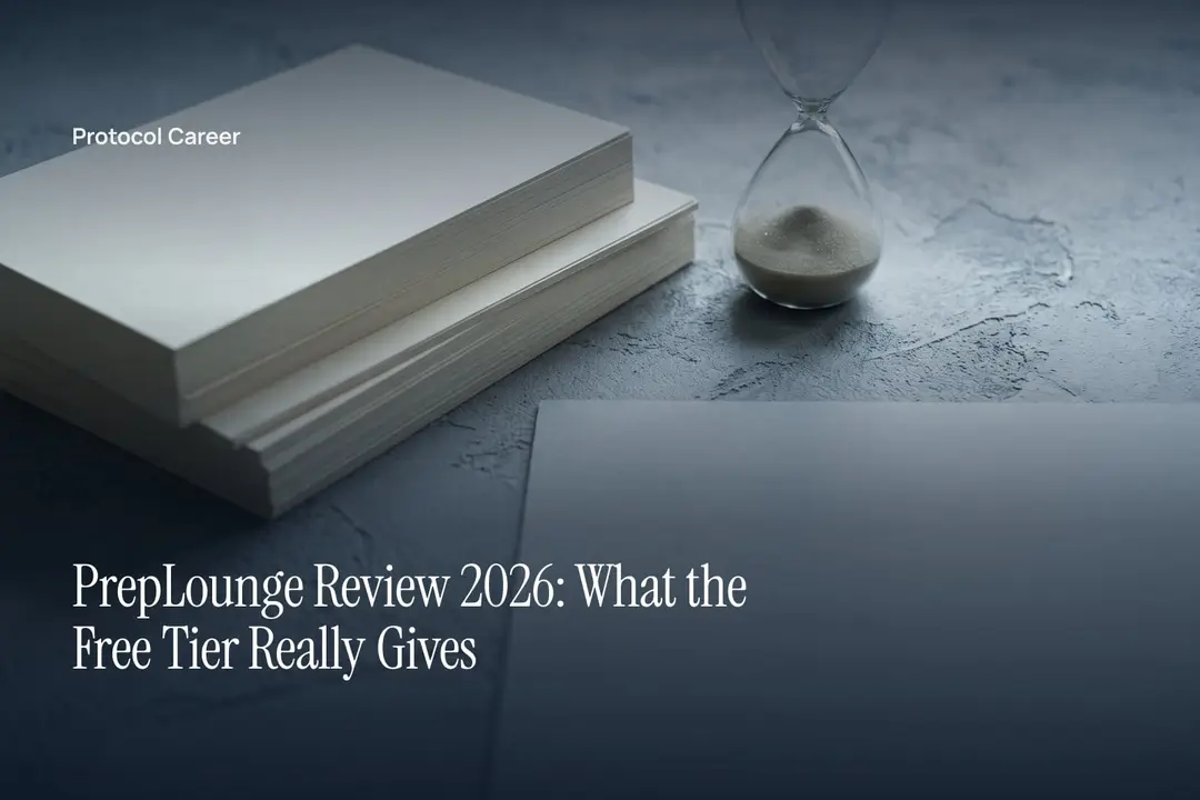 Two neat stacks of blank paper and a minimalist wooden hourglass on a textured grey surface. Title: “PrepLounge Review 2026: What the Free Tier Really Gives”, over the Protocol Career wordmark.