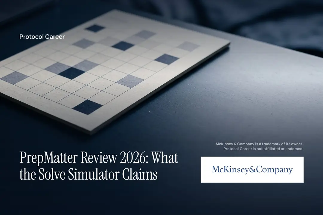 An unlabelled geometric grid card rests on a muted navy blue surface in soft directional light. Title: “PrepMatter Review 2026: What the Solve Simulator Claims”, over the Protocol Career wordmark. McKinsey & Company logo, lower right.