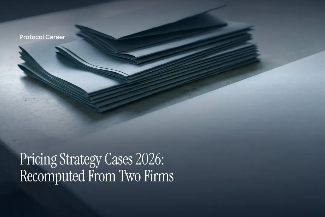A blank, folded paper model with stepped elevations cast in soft morning light on a grey tabletop. Title: “Pricing Strategy Cases 2026: Recomputed From Two Firms”, over the Protocol Career wordmark.