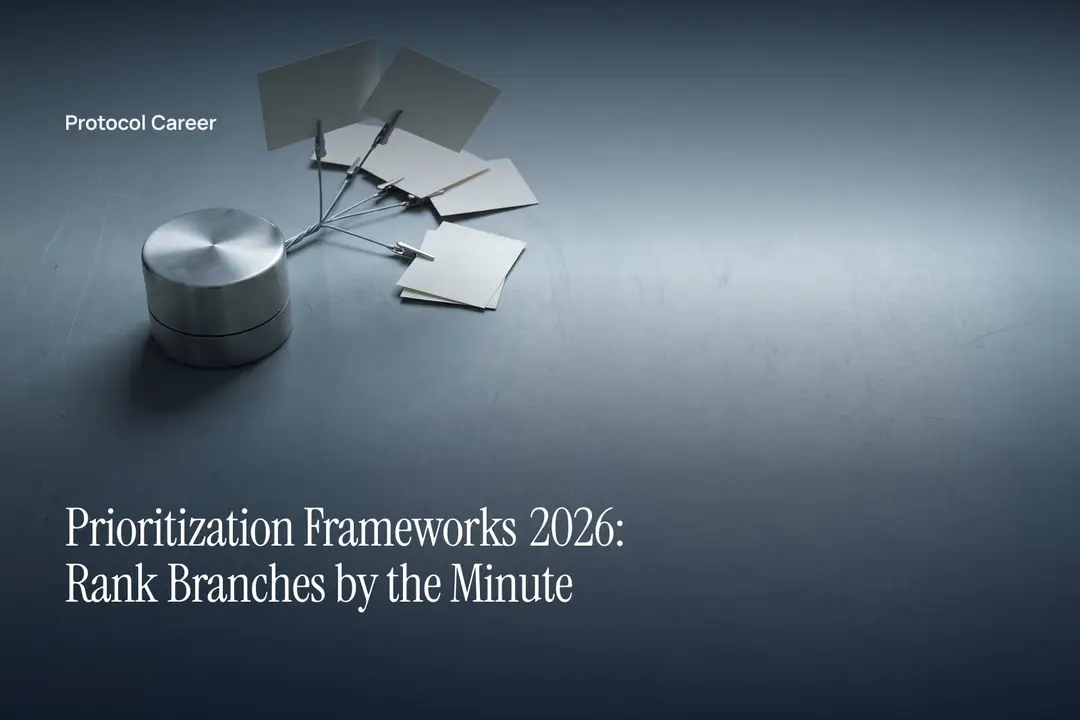 An unmarked metal desk timer beside an unprinted branching paper hierarchy on a plain gray surface. Title: “Prioritization Frameworks 2026: Rank Branches by the Minute”, over the Protocol Career wordmark.