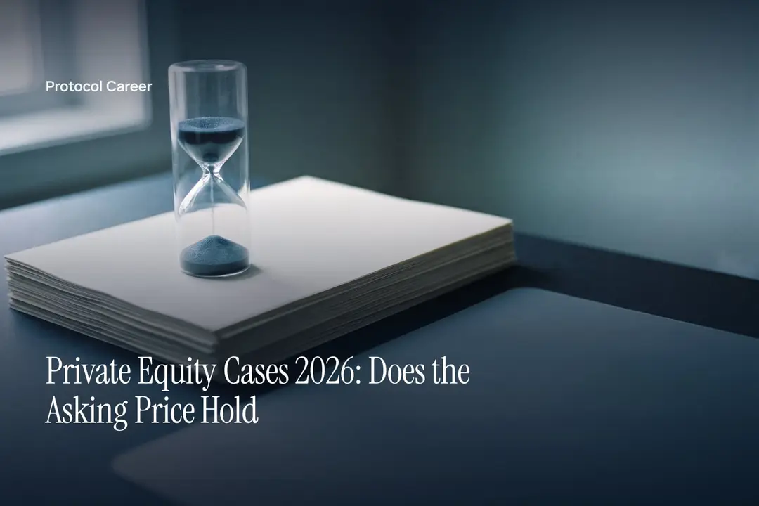 A sleek glass sand timer rests on a stack of blank cream paper over a slate surface. Title: “Private Equity Cases 2026: Does the Asking Price Hold”, over the Protocol Career wordmark.