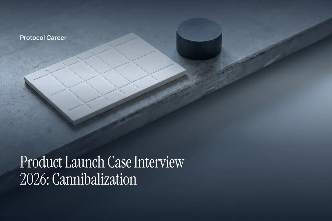 A thick, unprinted card debossed with a clean grid sits beside a graphite rod on stone. Title: “Product Launch Case Interview 2026: Cannibalization”, over the Protocol Career wordmark.