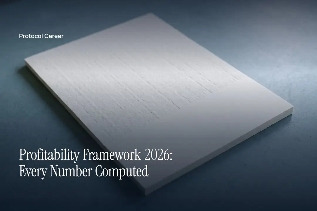 A blank, debossed grid sheet resting on a plain grey surface under soft directional light. Title: “Profitability Framework 2026: Every Number Computed”, over the Protocol Career wordmark.