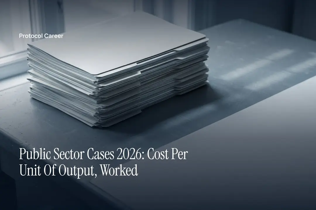 A clean, tall stack of blank cream folders sitting on a grey surface under soft directional light. Title: “Public Sector Cases 2026: Cost Per Unit Of Output, Worked”, over the Protocol Career wordmark.