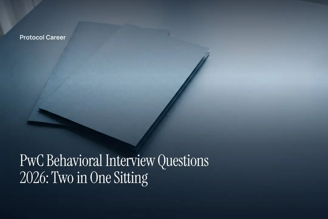Two blank cardstock folders resting side by side on a smooth grey surface in soft directional light. Title: “PwC Behavioral Interview Questions 2026: Two in One Sitting”, over the Protocol Career wordmark.