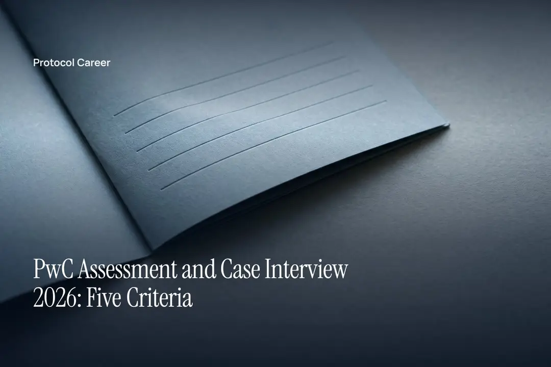 A blank, heavy paper evaluation sheet with five debossed rows resting on a smooth grey surface. Title: “PwC Assessment and Case Interview 2026: Five Criteria”, over the Protocol Career wordmark.