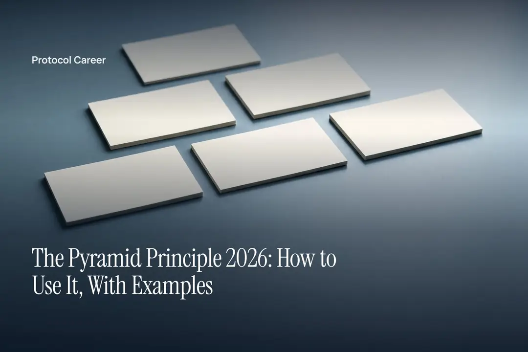 Blank cream cards arranged in a three-tiered pyramid layout on a smooth slate surface. Title: “The Pyramid Principle 2026: How to Use It, With Examples”, over the Protocol Career wordmark.