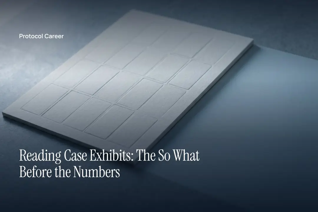 A sheet of off-white cardstock with a debossed blank grid resting on a smooth grey surface. Title: “Reading Case Exhibits: The So What Before the Numbers”, over the Protocol Career wordmark.