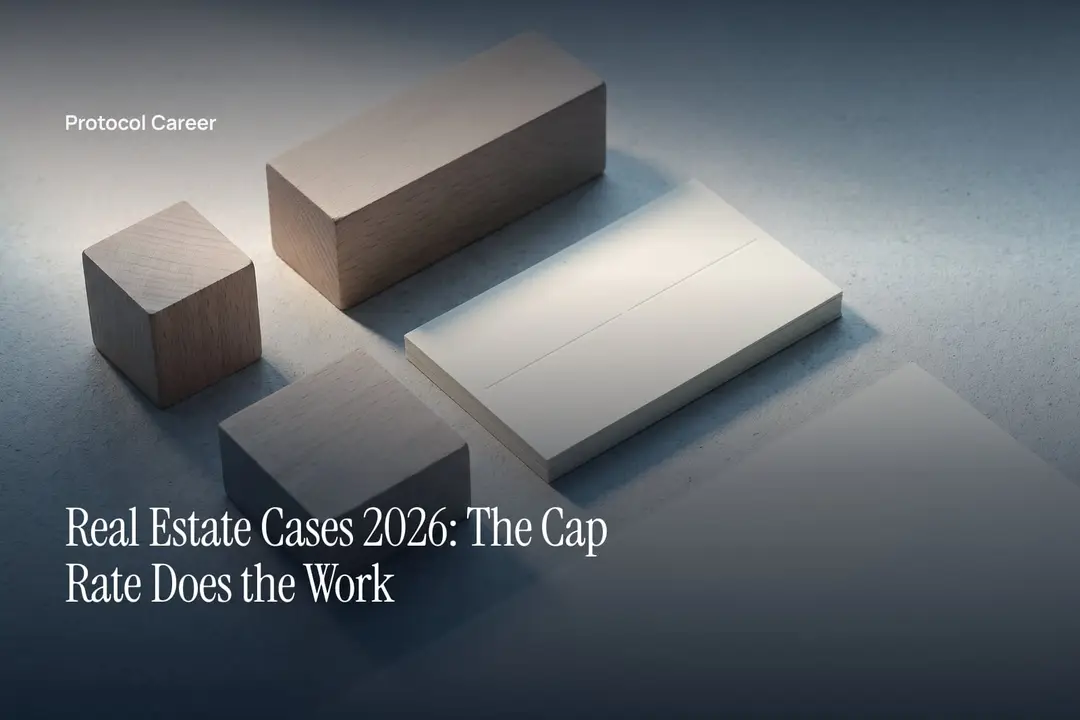 Three plain wooden geometric blocks rest beside a debossed grid card on a neutral stone tabletop. Title: “Real Estate Cases 2026: The Cap Rate Does the Work”, over the Protocol Career wordmark.