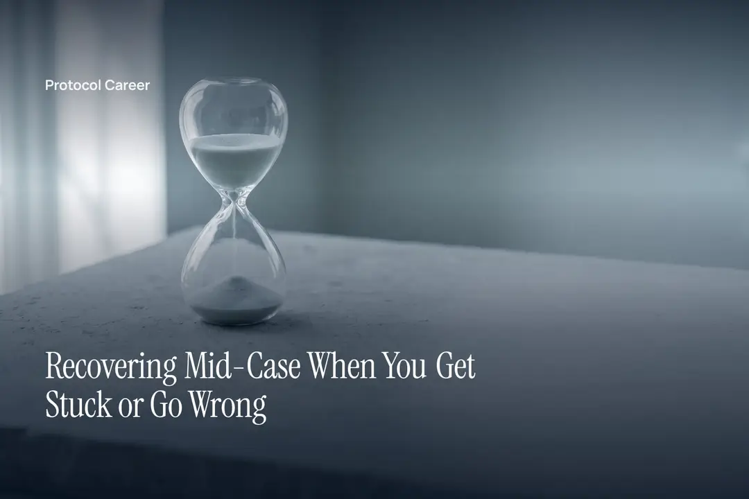 A glass sand timer sits quietly on a matte grey stone surface in soft directional light. Title: “Recovering Mid-Case When You Get Stuck or Go Wrong”, over the Protocol Career wordmark.