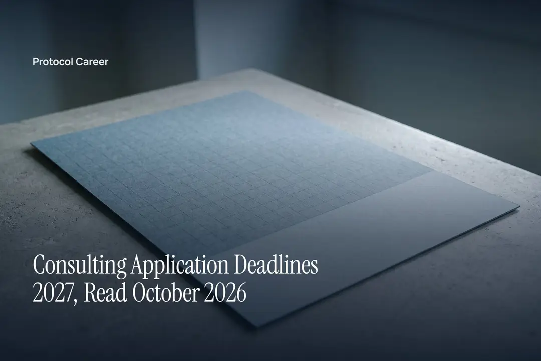 A blank paper grid sheet resting on a smooth stone surface under soft, quiet lighting. Title: “Consulting Application Deadlines 2027, Read October 2026”, over the Protocol Career wordmark.