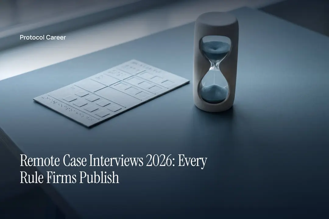 A tactile grid scorecard and a minimalist ceramic hourglass rest on a calm, gray slate surface. Title: “Remote Case Interviews 2026: Every Rule Firms Publish”, over the Protocol Career wordmark.