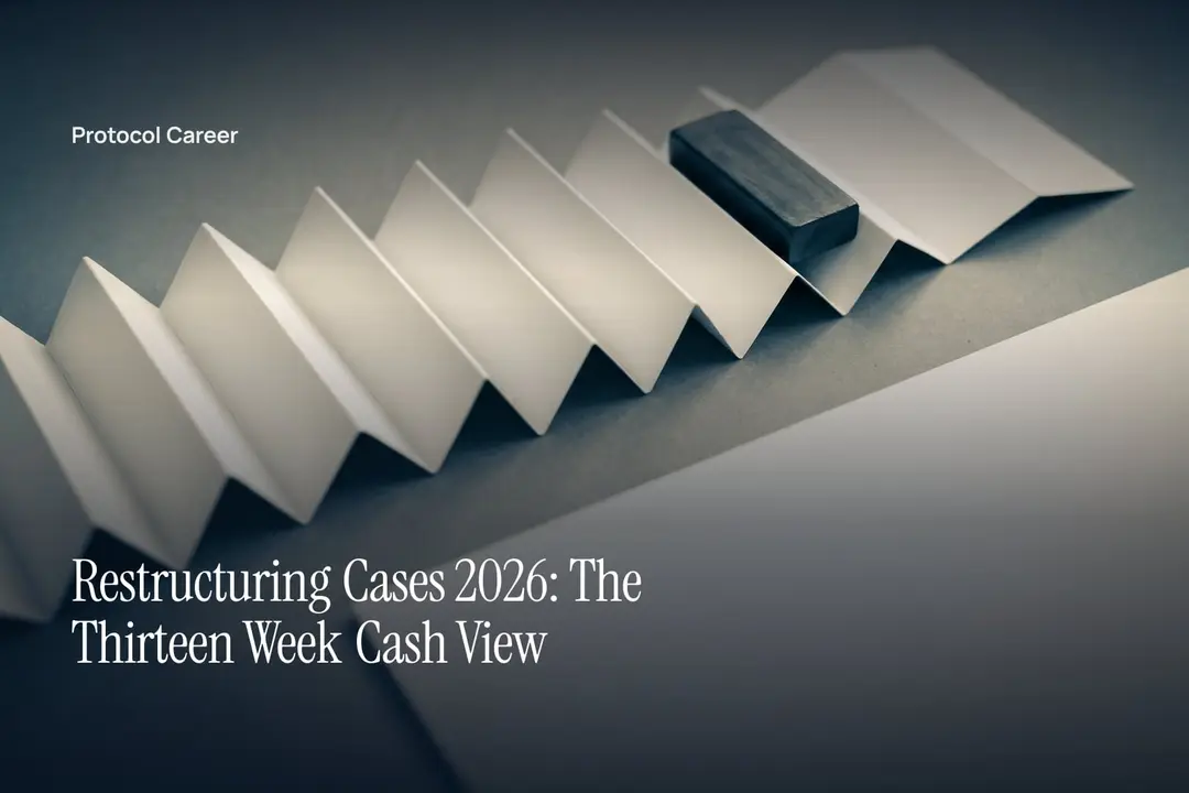 A folded cream paper strip with thirteen blank segments and a small graphite weight, on a grey desk. Title: “Restructuring Cases 2026: The Thirteen Week Cash View”, over the Protocol Career wordmark.