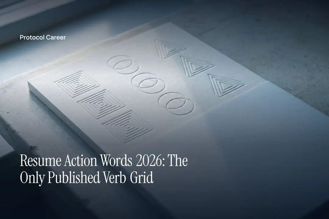 A minimalist off-white card with three debossed blank columns on a smooth pale stone surface. Title: “Resume Action Words 2026: The Only Published Verb Grid”, over the Protocol Career wordmark.