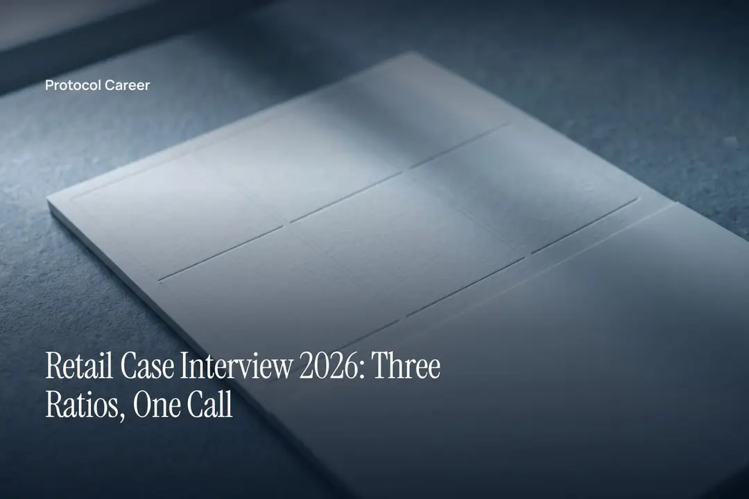 An unprinted off-white ledger card with three debossed blank columns on a plain stone surface. Title: “Retail Case Interview 2026: Three Ratios, One Call”, over the Protocol Career wordmark.