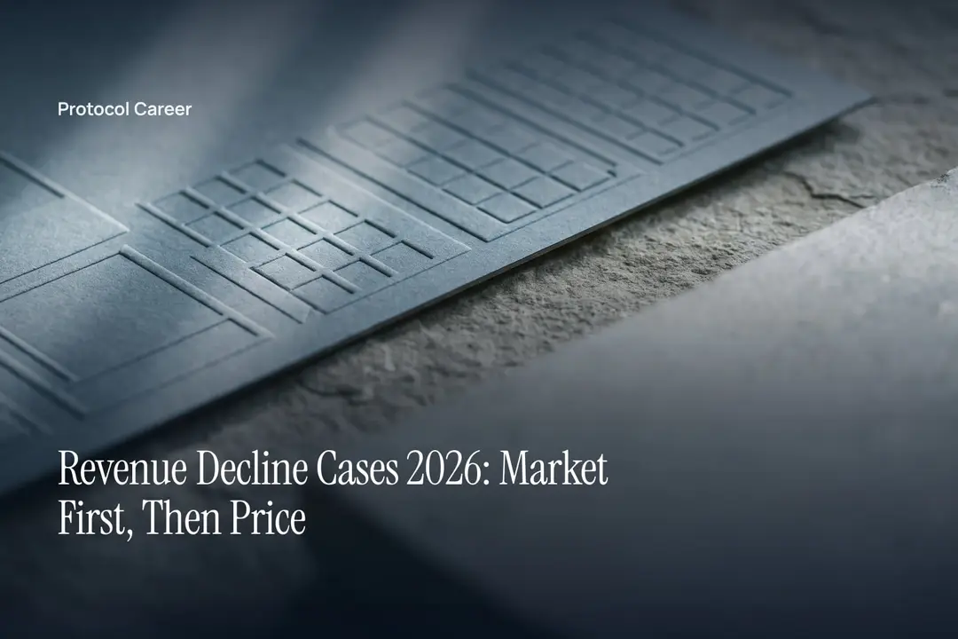 An embossed paper grid resting on a smooth grey surface under soft directional light. Title: “Revenue Decline Cases 2026: Market First, Then Price”, over the Protocol Career wordmark.